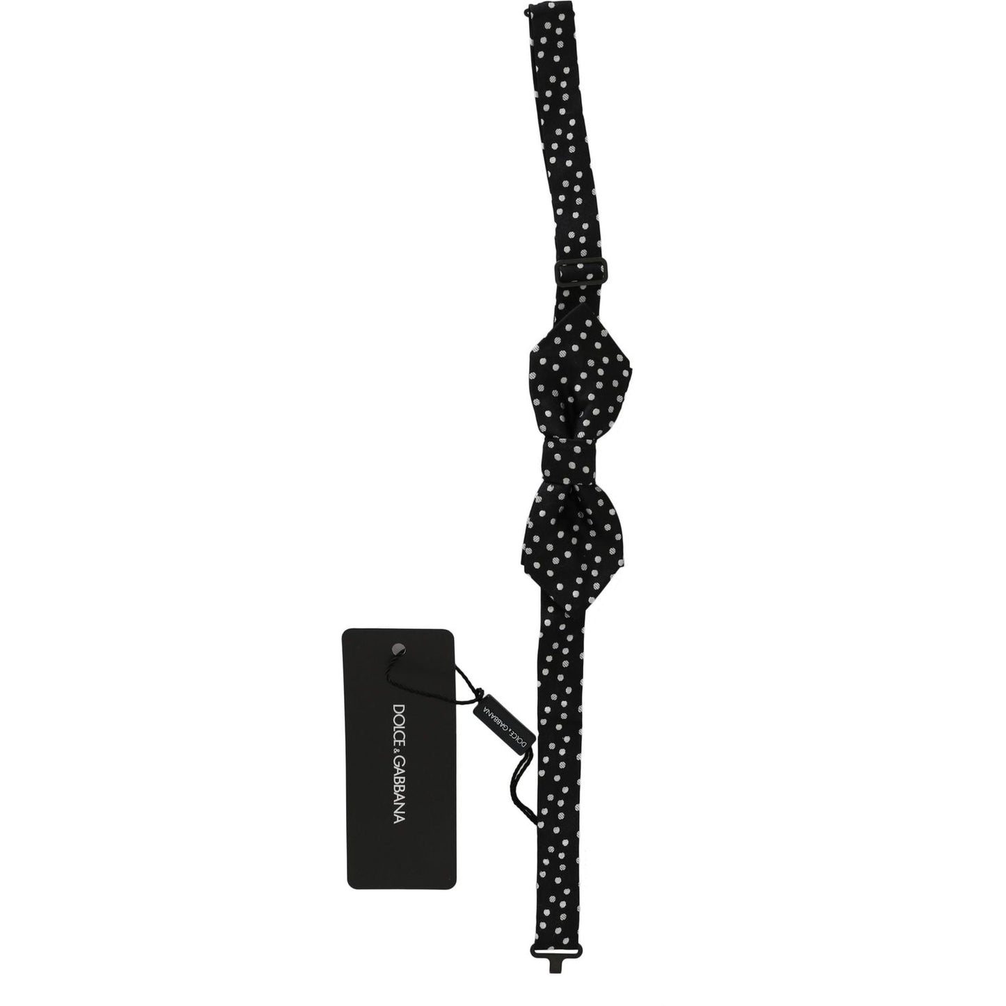Dolce Gabbana black polka dot bow tie with adjustable neck strap and brand tag, 100% silk, made in Italy.