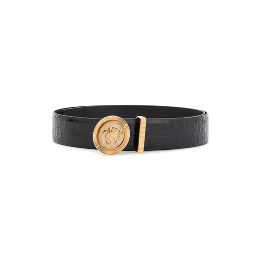 Versace black embossed crocodile calfskin belt with rhinestones 40mm Belts Versace