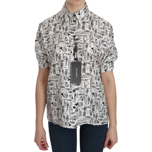 Dolce & Gabbana White Musical Instrument Collared Blouse Shirt 1728,67345645728,Blouses - Shirts - Clothing,Clothing,Dolce & Gabbana,IT36|XXS,IT38|XS,IT40|S,IT42|M,IT44|L,Material: 100% Silk,New with tags,Shirts - Clothing,Shirts - Women - Clothing,Shorts