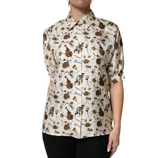 Dolce & Gabbana Beige Musical Instrument Print Short Sleeve Top