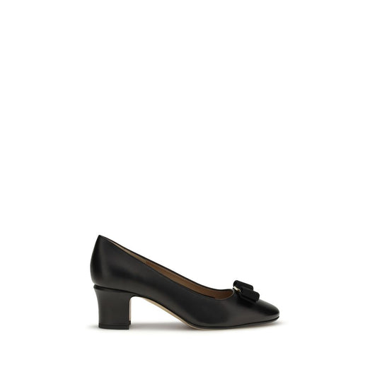 Ferragamo Black Calf Leather Bos Taurus Mid Heel Pumps