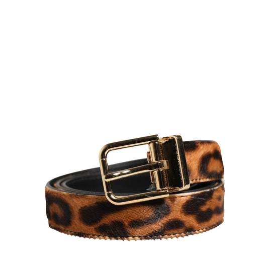 Dolce & Gabbana Brown Calf Fur Leopard Metal Buckle Belt