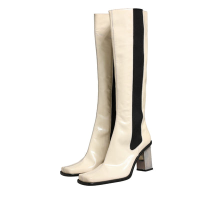 Dolce & Gabbana White Black Leather Knee High Boots Shoes