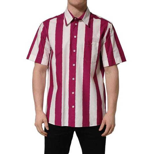 Dolce & Gabbana White Maroon Striped Men Short Sleeves Shirt