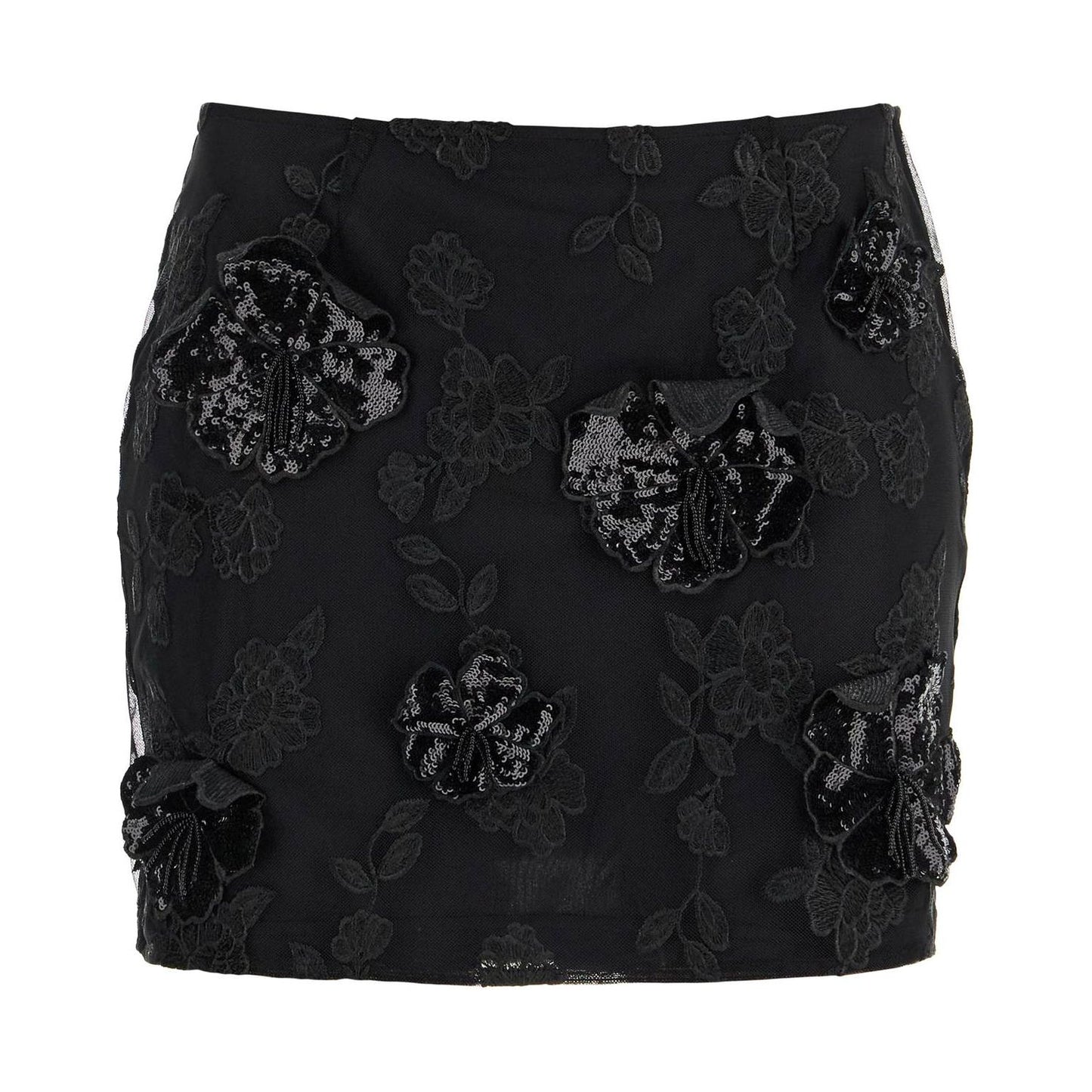 Rotate mini skirt in recycled black polyester mesh with floral pattern Skirts Rotate