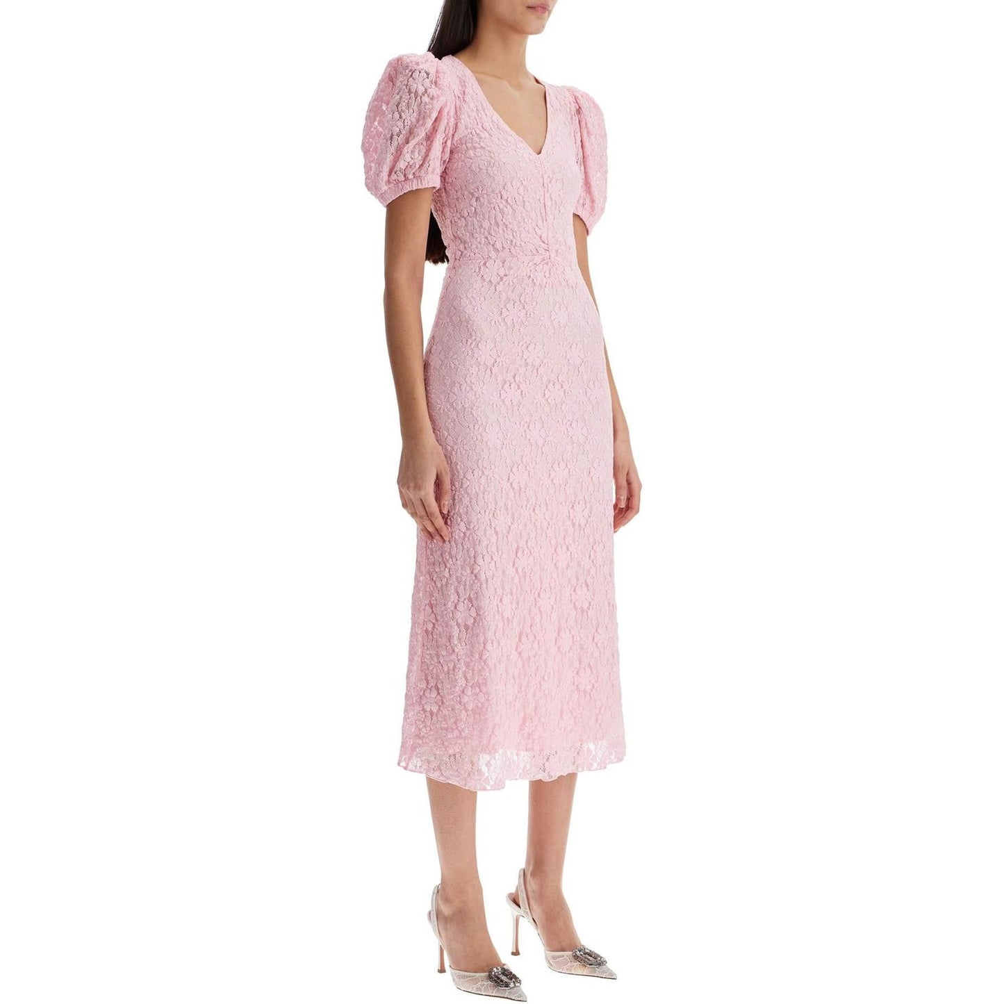 Rotate pink lace midi dress with puff sleeves Dresses Rotate