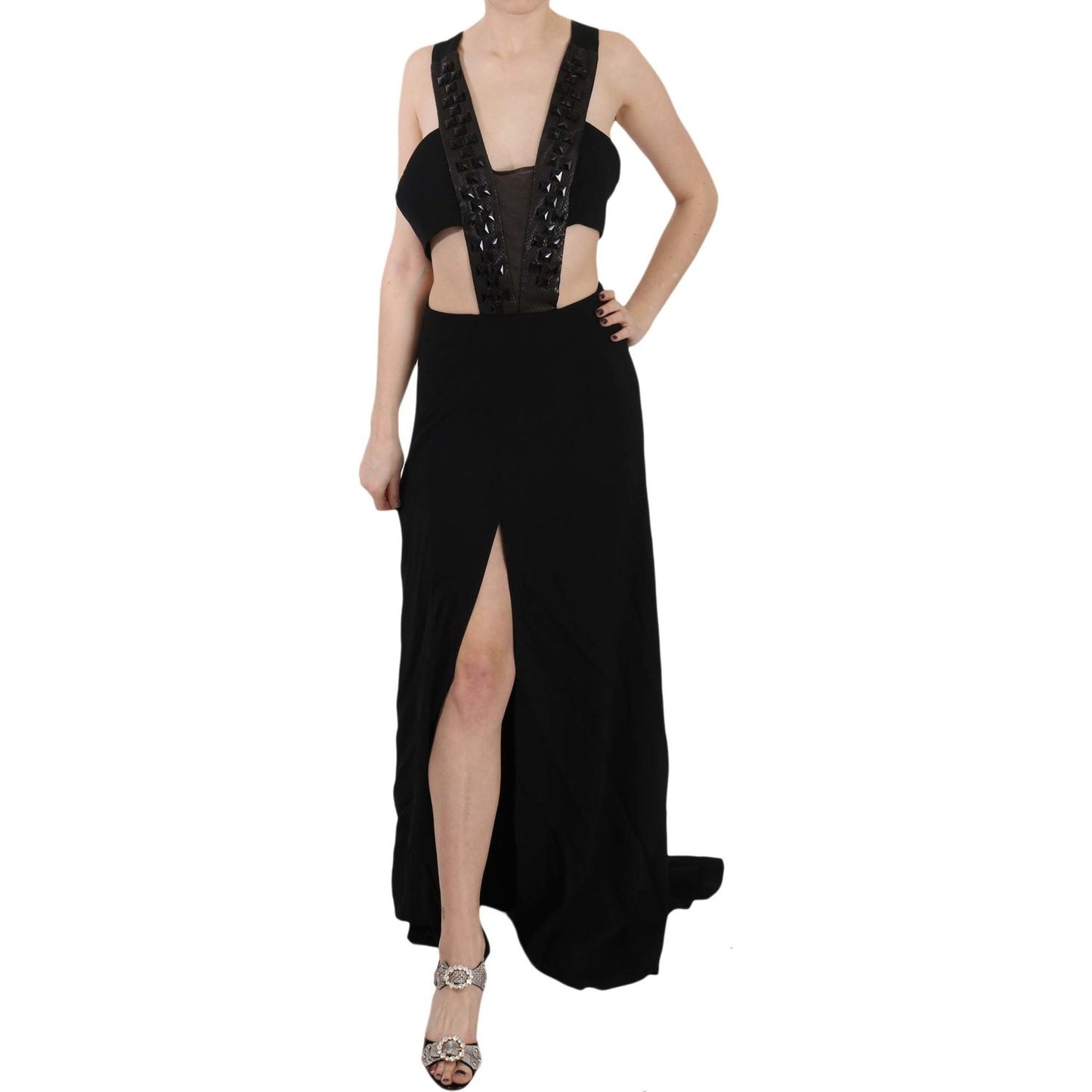 John Richmond Black Crystal Leather Gown Flare Dress