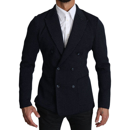 Dolce & Gabbana Dark Blue Dotted Double Breasted Coat Blazer 1728,67345645728,Blazers - Men - Clothing,Blazers - Suits & Blazers - Clothing,Blue,Clothing,Dolce & Gabbana,IT50 | L,Material: 58% Virgin Wool 37% Silk 4% Nylon 1% Elastane,Men,Men - Clothing,N