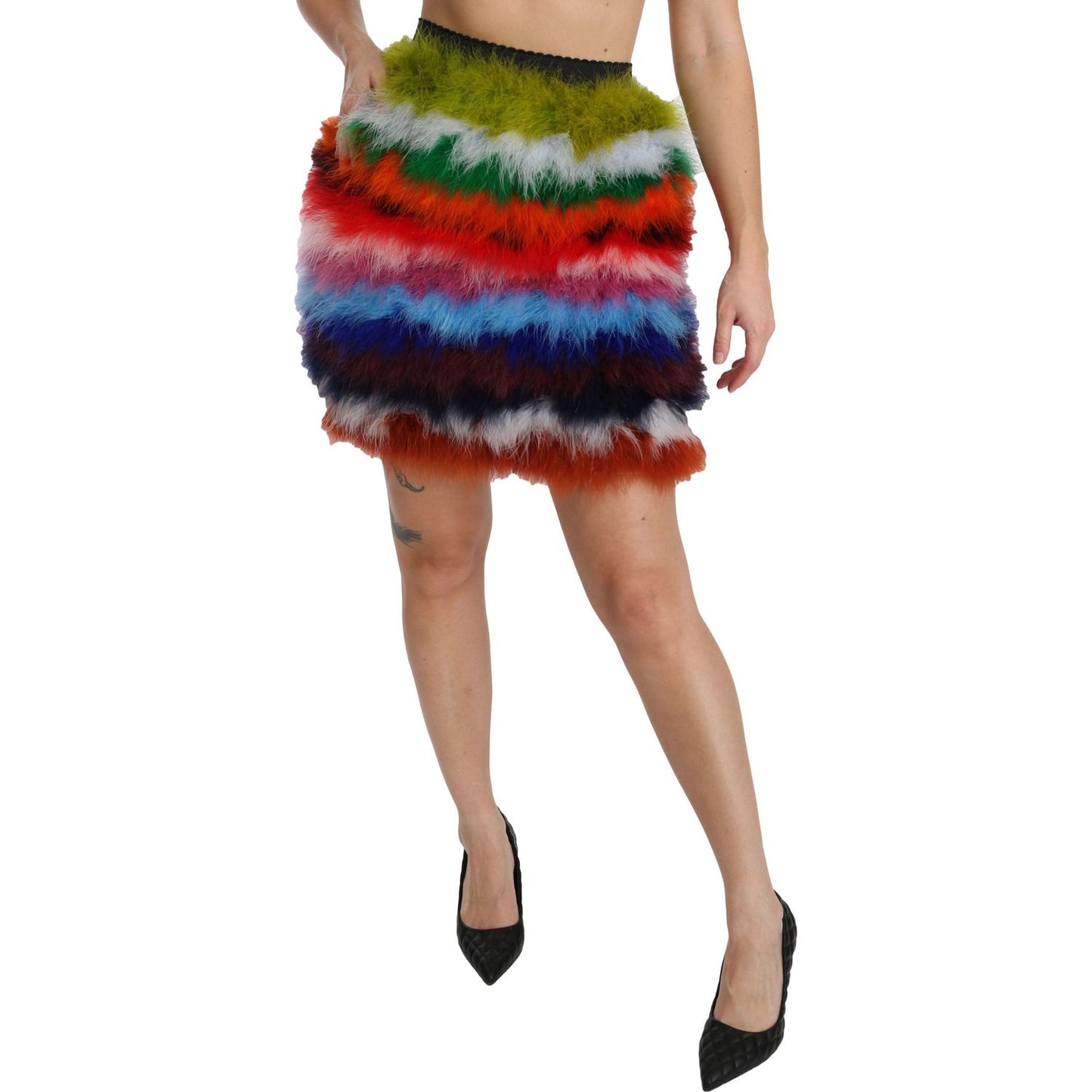 Dolce & Gabbana Red Blue High Waist Mini Feather Skirt
