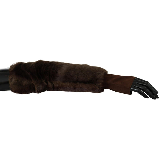 Dolce & Gabbana Elegant Brown Fur & Leather Elbow-Length Gloves Dolce & Gabbana