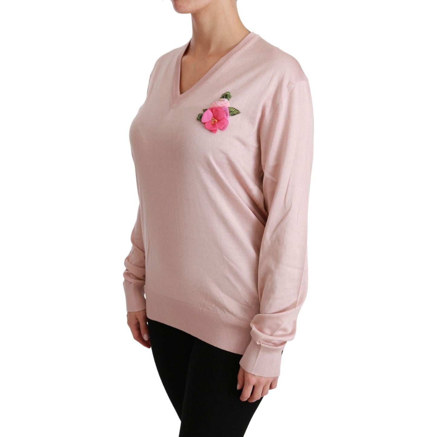 Dolce & Gabbana Pink Floral Silk V-Neck Sweater Dolce & Gabbana