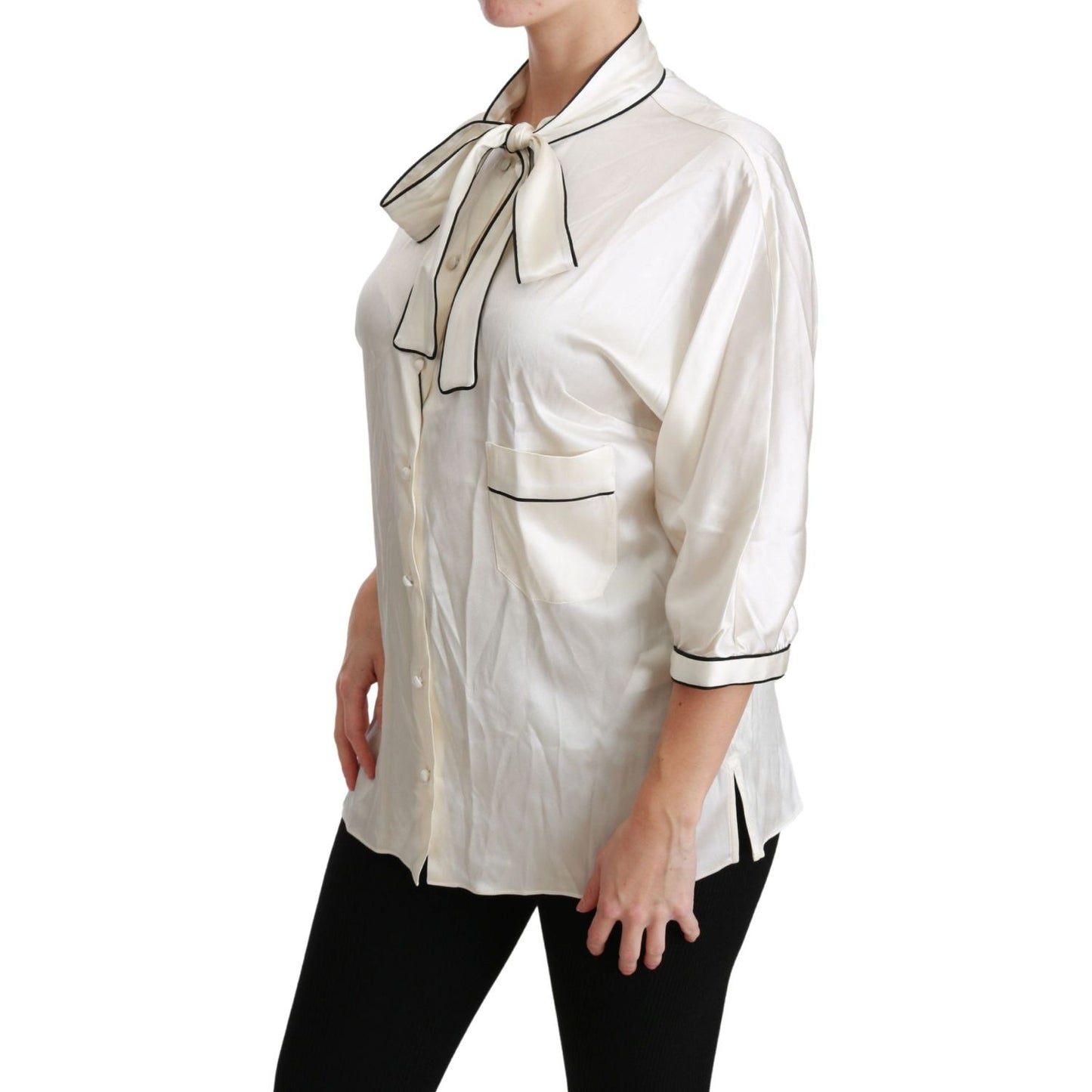 Dolce & Gabbana Elegant Beige Silk Blouse with Bow Scarf Dolce & Gabbana