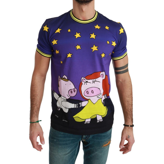 Dolce & Gabbana Purple Cotton Round Neck T-Shirt with Pig Motif Dolce & Gabbana