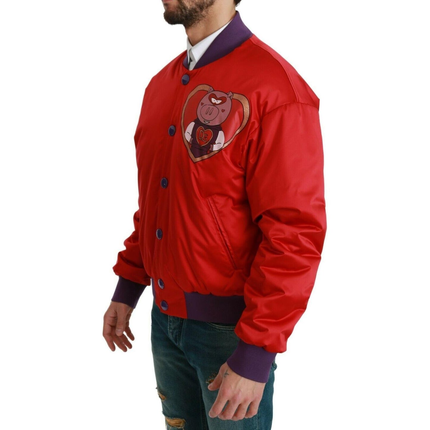 Dolce & Gabbana Vibrant Red Bomber Jacket with Multicolor Motif Coats & Jackets Dolce & Gabbana