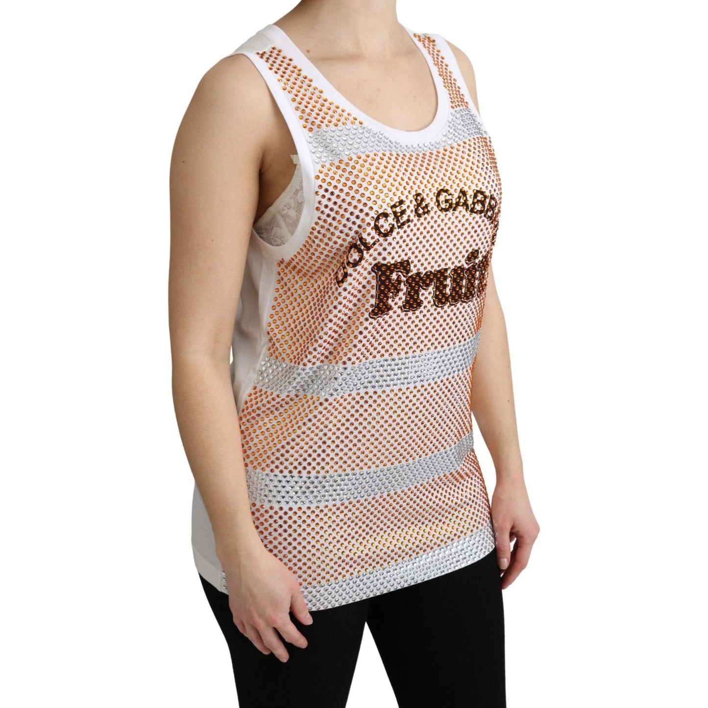 Dolce & Gabbana White Orange Crystal Sleeveless Tank Cotton Top