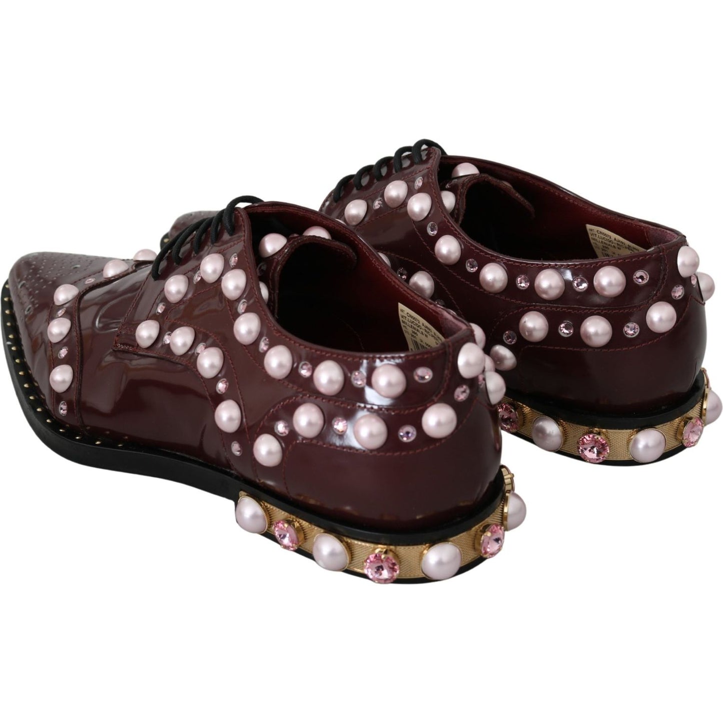 Dolce & Gabbana Elegant Bordeaux Lace-Up Flats with Pearls and Crystals Dolce & Gabbana