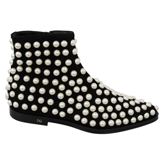 Dolce & Gabbana Black Suede Pearl Studs Boots Shoes