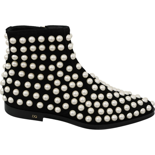 Dolce & Gabbana Chic Black Suede Ankle Boots with Pearls