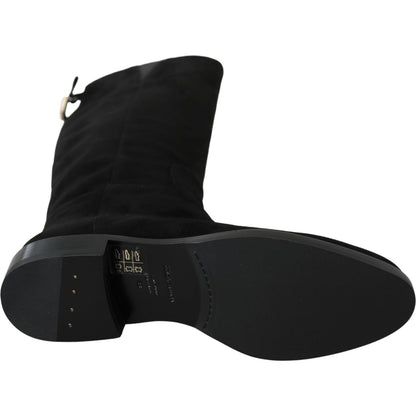 Dolce & Gabbana Black Suede Knee High Flat Boots Shoes