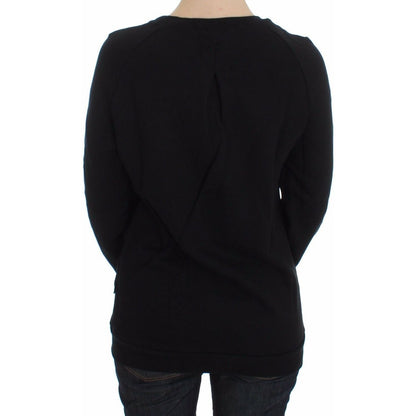 Exte Black Cotton Motive Print Crewneck Pullover Sweater