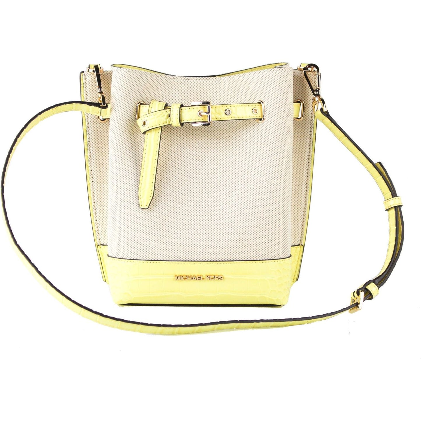 Michael Kors Emilia Small Canvas Snakeskin Print Leather Bucket Bag Messenger Crossbody Handbag (Buttercup) Michael Kors