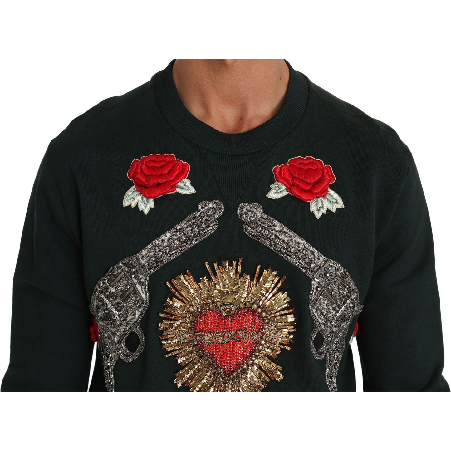 Dolce & Gabbana Emerald Cotton Sweater with Crystal Embroidery Dolce & Gabbana