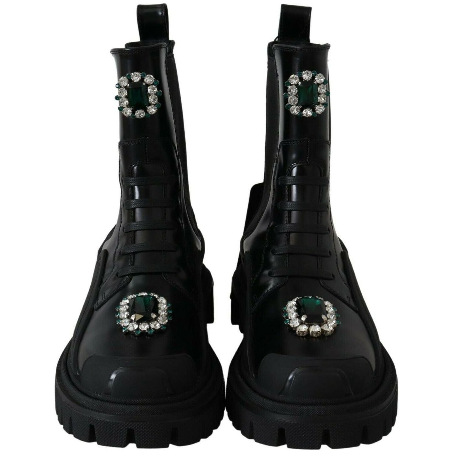 Dolce & Gabbana Elegant Black Leather Combat Boots with Crystal Detail Dolce & Gabbana