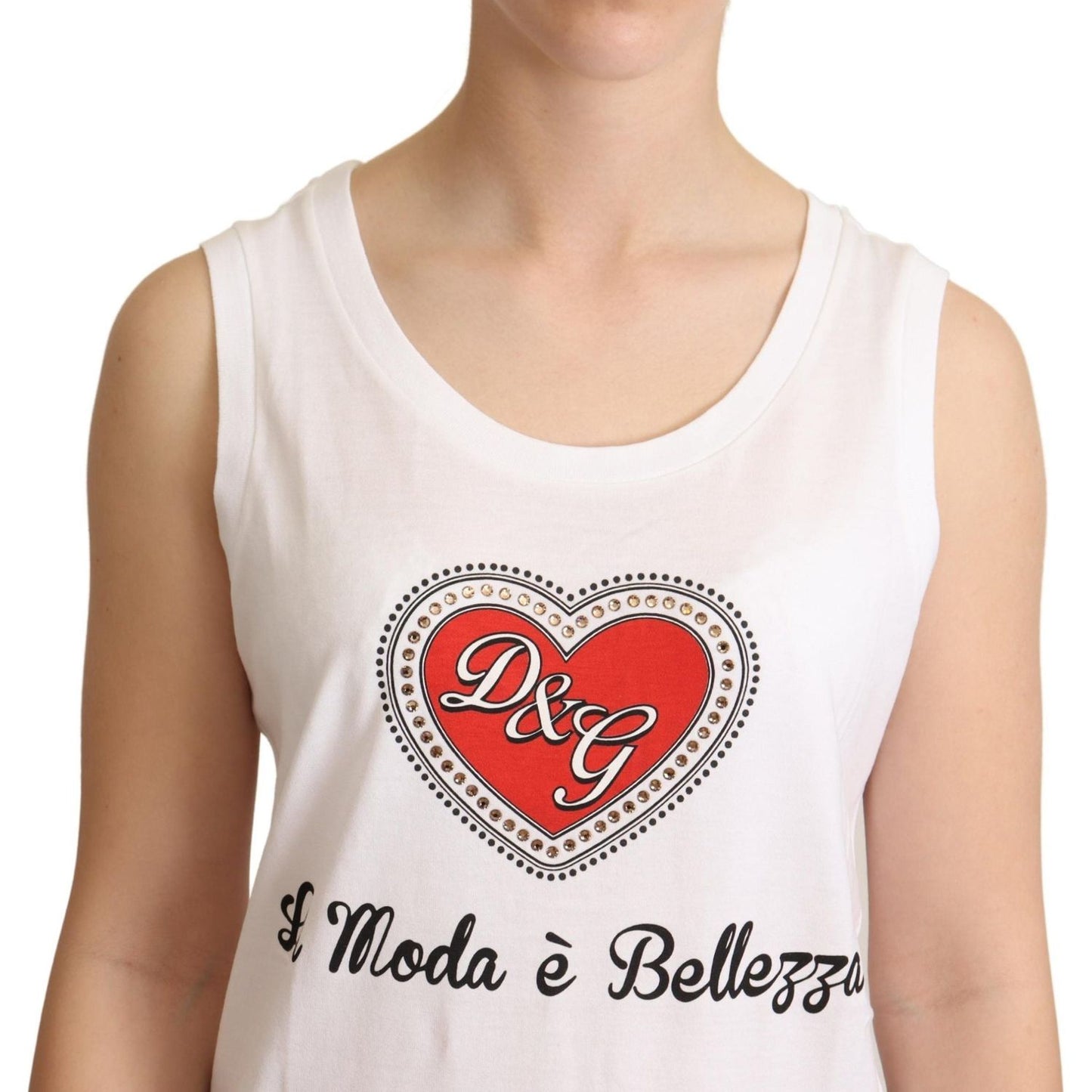 Dolce & Gabbana Crystal Embellished Heart White Sleeveless Tee Dolce & Gabbana