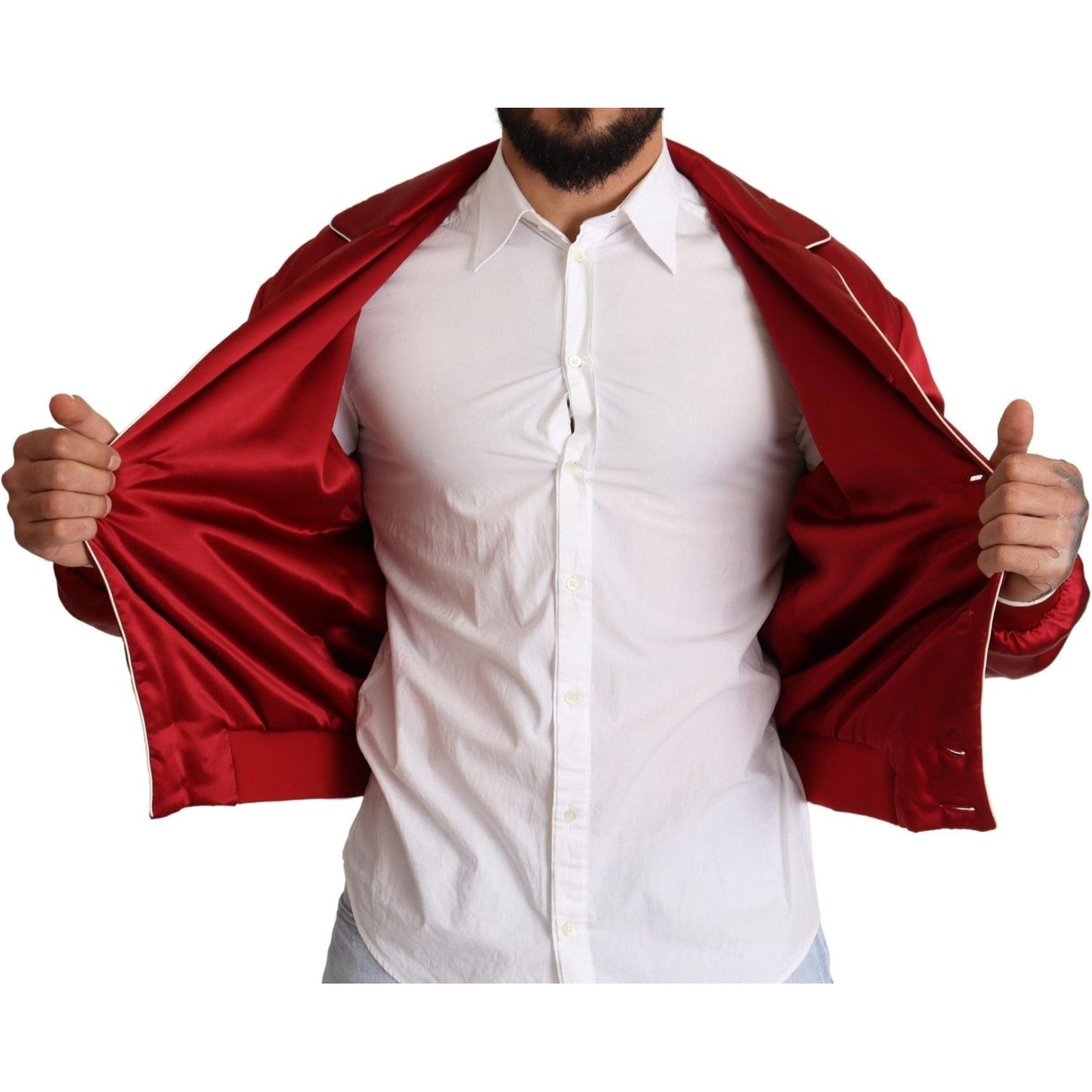 Dolce & Gabbana Red Silk Button DG Logo Bomber Jacket