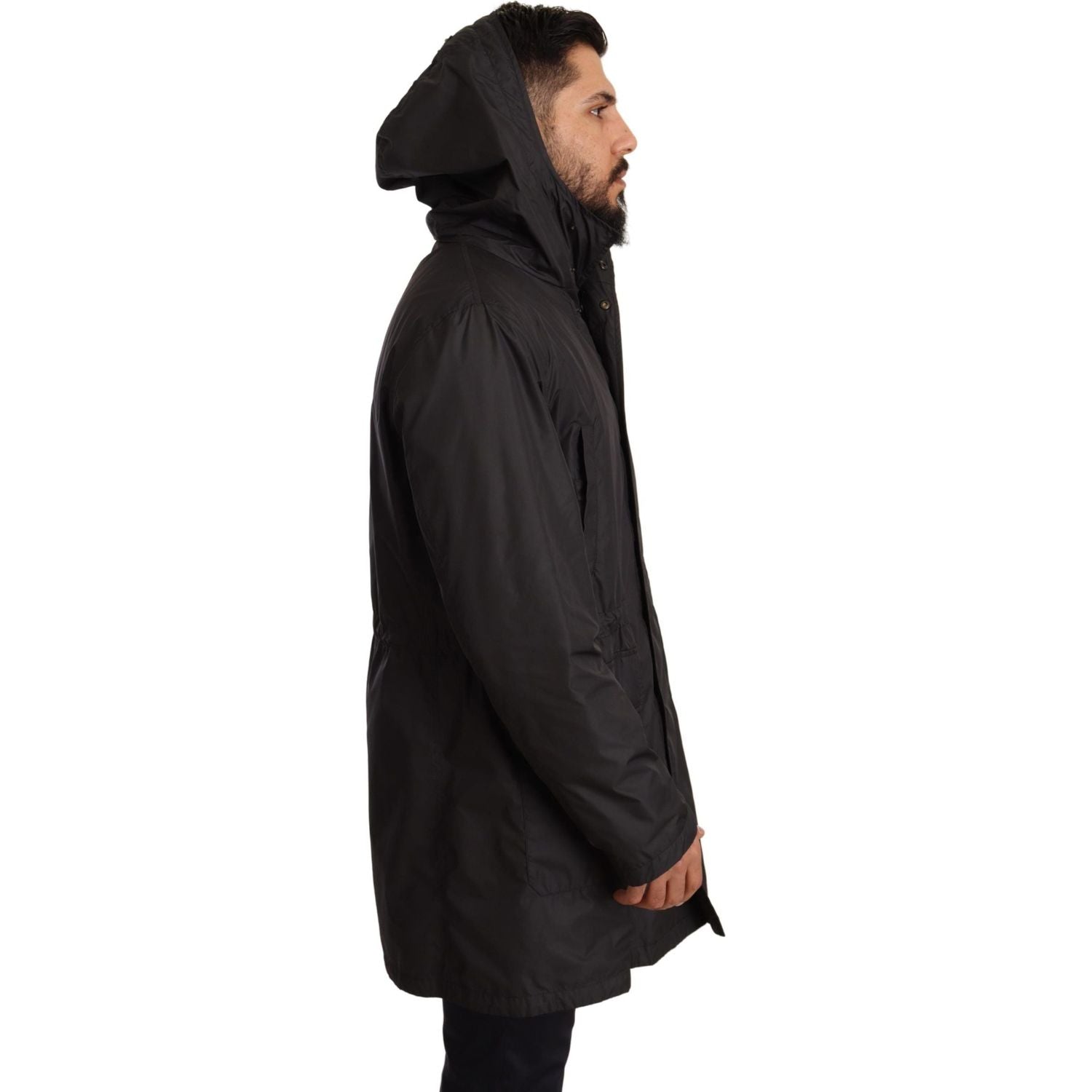 Dolce & Gabbana Black Hooded Mens Trench Coat Jacket