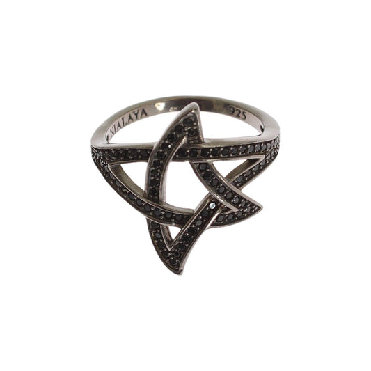 Nialaya Black CZ Rhodium 925 Silver Womens Ring