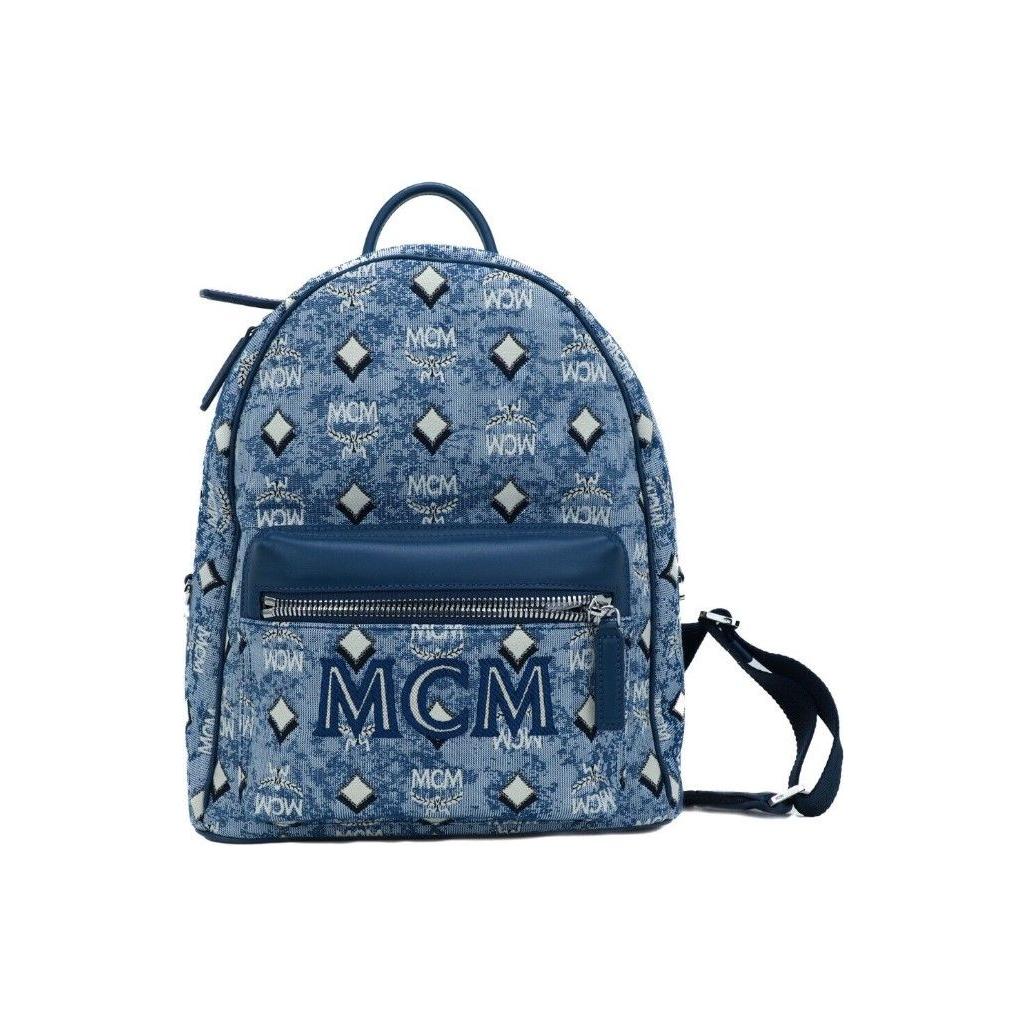 MCM Stark Small Blue Vintage Jacquard Monogram Logo Fabric Backpack Bookbag WOMAN BACKPACKS MCM