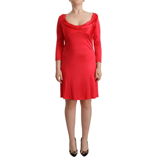 John Galliano Red Viscose 3/4 Sleeves Deep Round Neck Sheath Dress