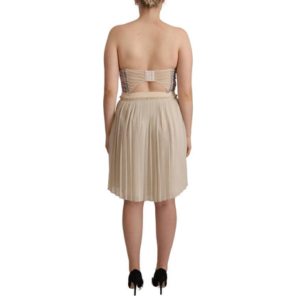 Guess Beige Checkered Pleated A-line Strapless Bustier Dress