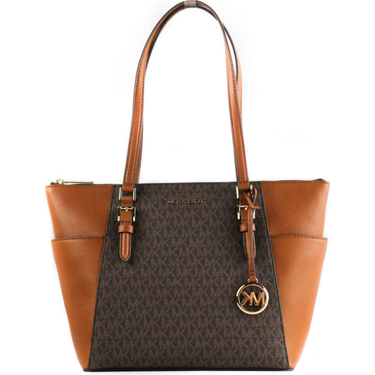 Charlotte Signature Leather Large Top Zip Tote Handbag Bag (Brown) Michael Kors
