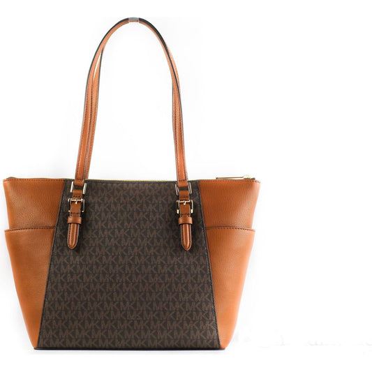 Charlotte Signature Leather Large Top Zip Tote Handbag Bag (Brown) Michael Kors