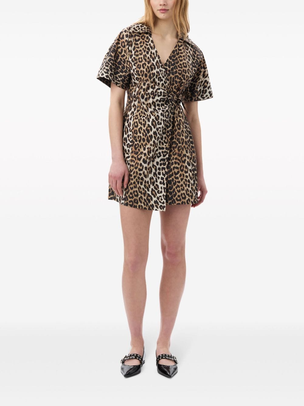 Ganni leopard print cotton wrap mini dress Dresses Ganni