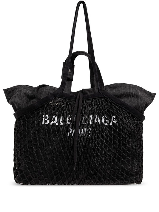 Balenciaga Black Cotton Canvas Fishnet Layer Tote Bag Shopper Balenciaga