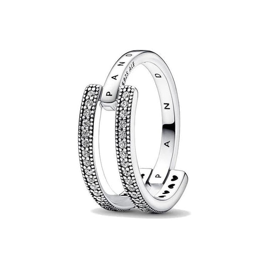 PANDORA JEWELS Mod. SIGNATURE LOGO & PAVE DOUBLE BAND - RING - Size 54 DESIGNER FASHION JEWELLERY PANDORA