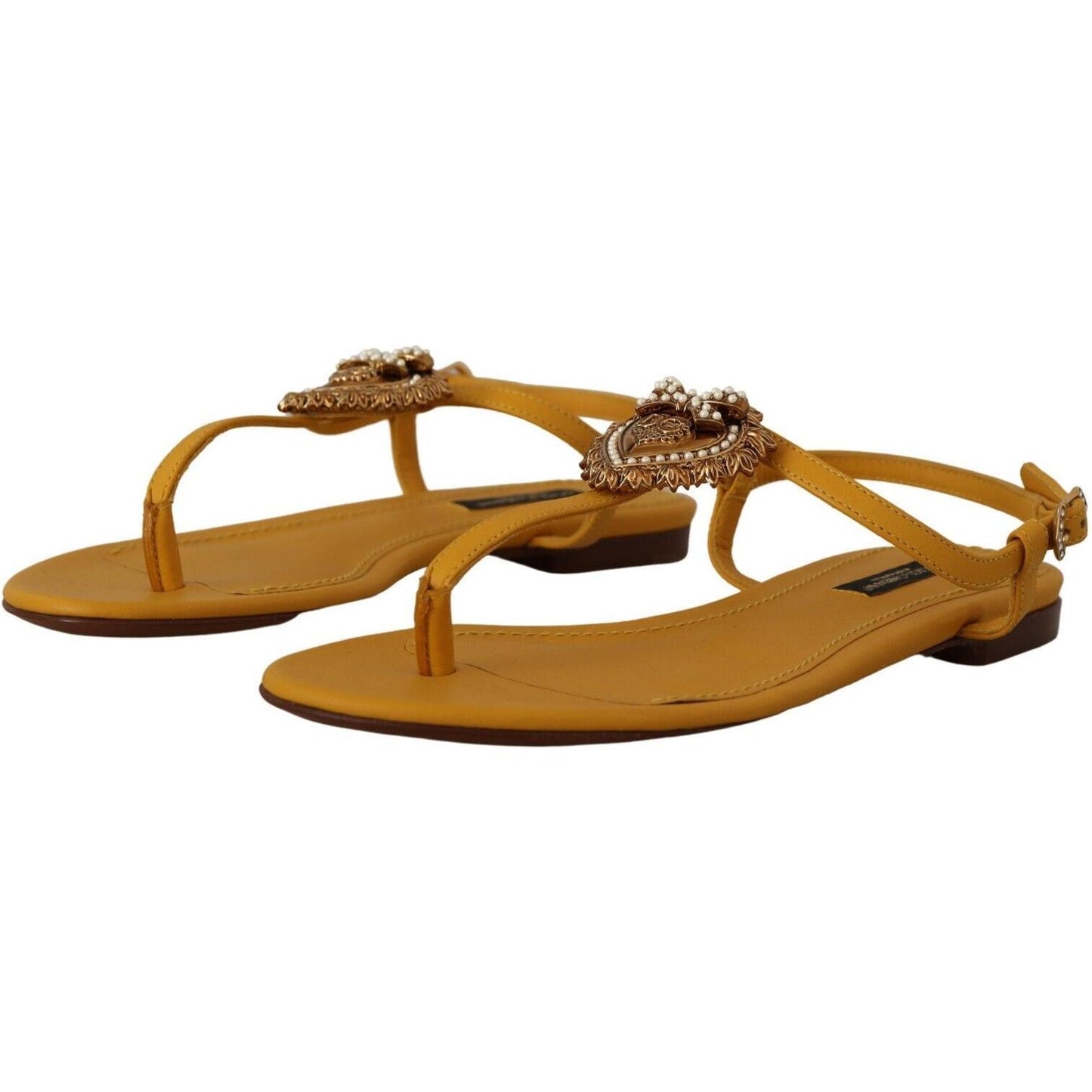 Dolce & Gabbana Mustard T-Strap Flat Sandals with Heart Embellishment Dolce & Gabbana