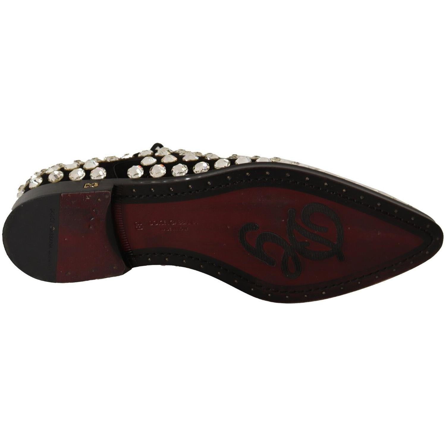 Dolce & Gabbana Black Leather Crystals Lace Up Formal Shoes