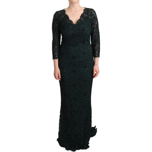 Dolce & Gabbana Green Floral Lace Maxi Floor Length Dress