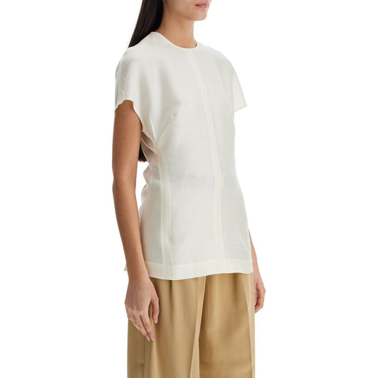 Toteme short sleeve wool and silk top in macadamia Topwear Toteme