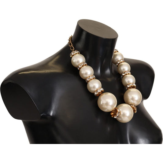 Dolce & Gabbana Elegant Faux Pearl Charm Necklace with Crystal Accents Dolce & Gabbana