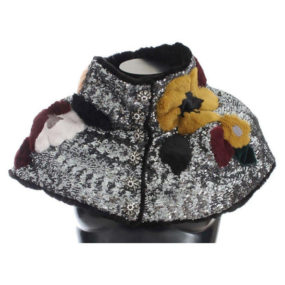 Dolce & Gabbana sequined fur shoulder scarf featuring silver sequins, floral detailing and black weasel fur.
