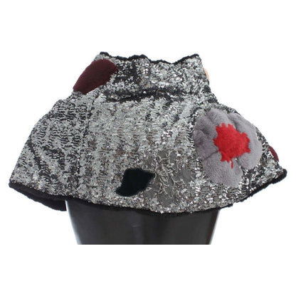 Dolce & Gabbana silver sequined floral weasel fur shoulder scarf wrap with vibrant floral detailing.
