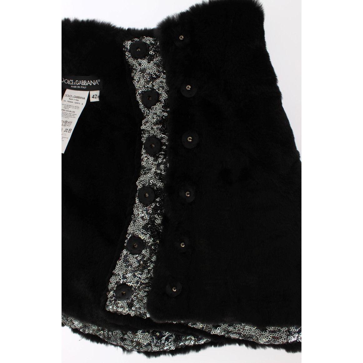 Dolce & Gabbana black weasel fur shoulder scarf wrap with silver sequined detailing and crystal snap buttons, 100% authentic.