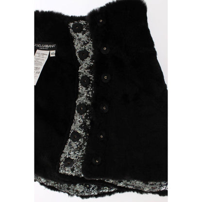 Dolce & Gabbana black weasel fur shoulder scarf wrap with silver sequined detailing and crystal snap buttons, 100% authentic.