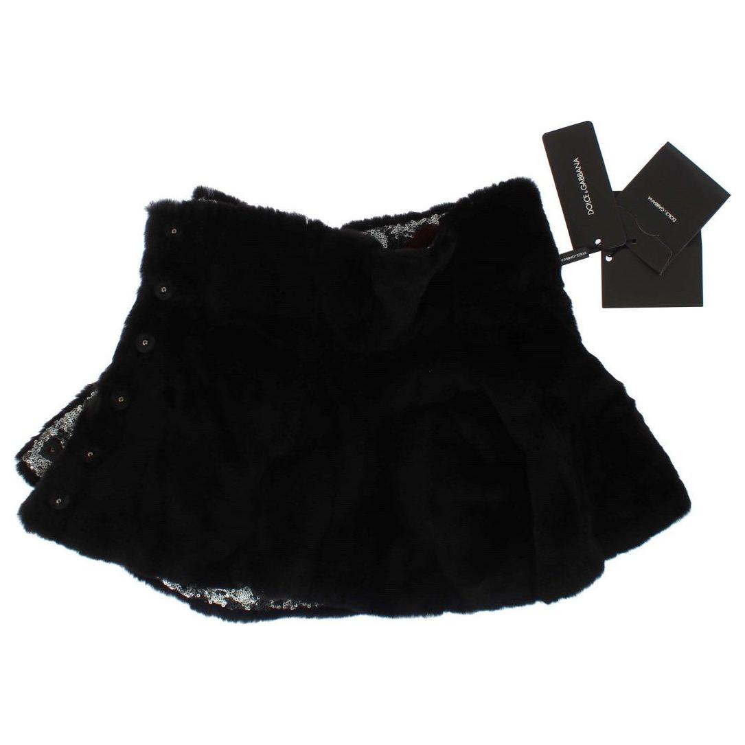 Dolce & Gabbana black sequined fur shoulder scarf featuring logo tags and crystal button details.