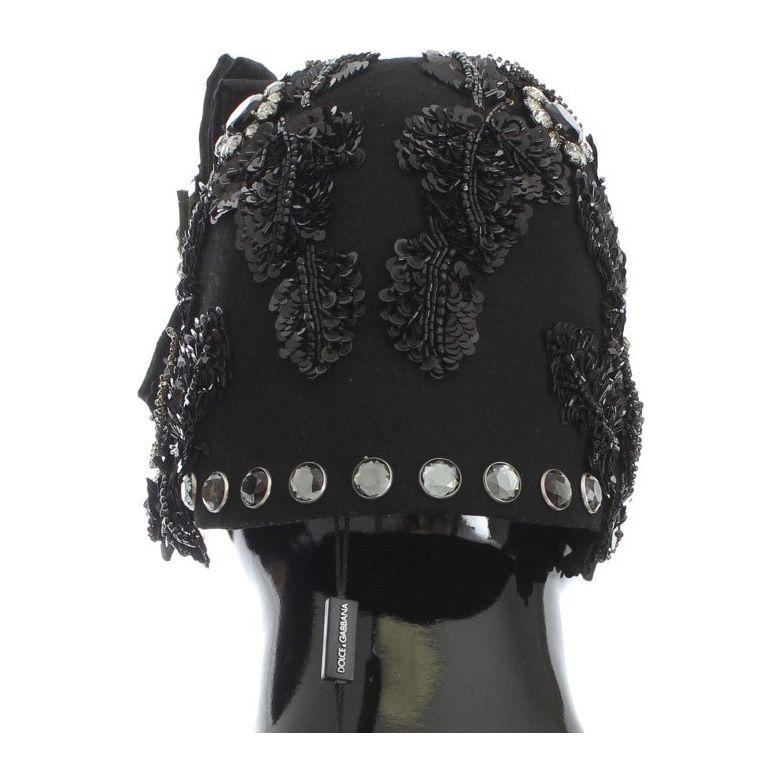 Dolce & Gabbana Elegant Black Crystal-Adorned Cloche Hat Cap Dolce & Gabbana